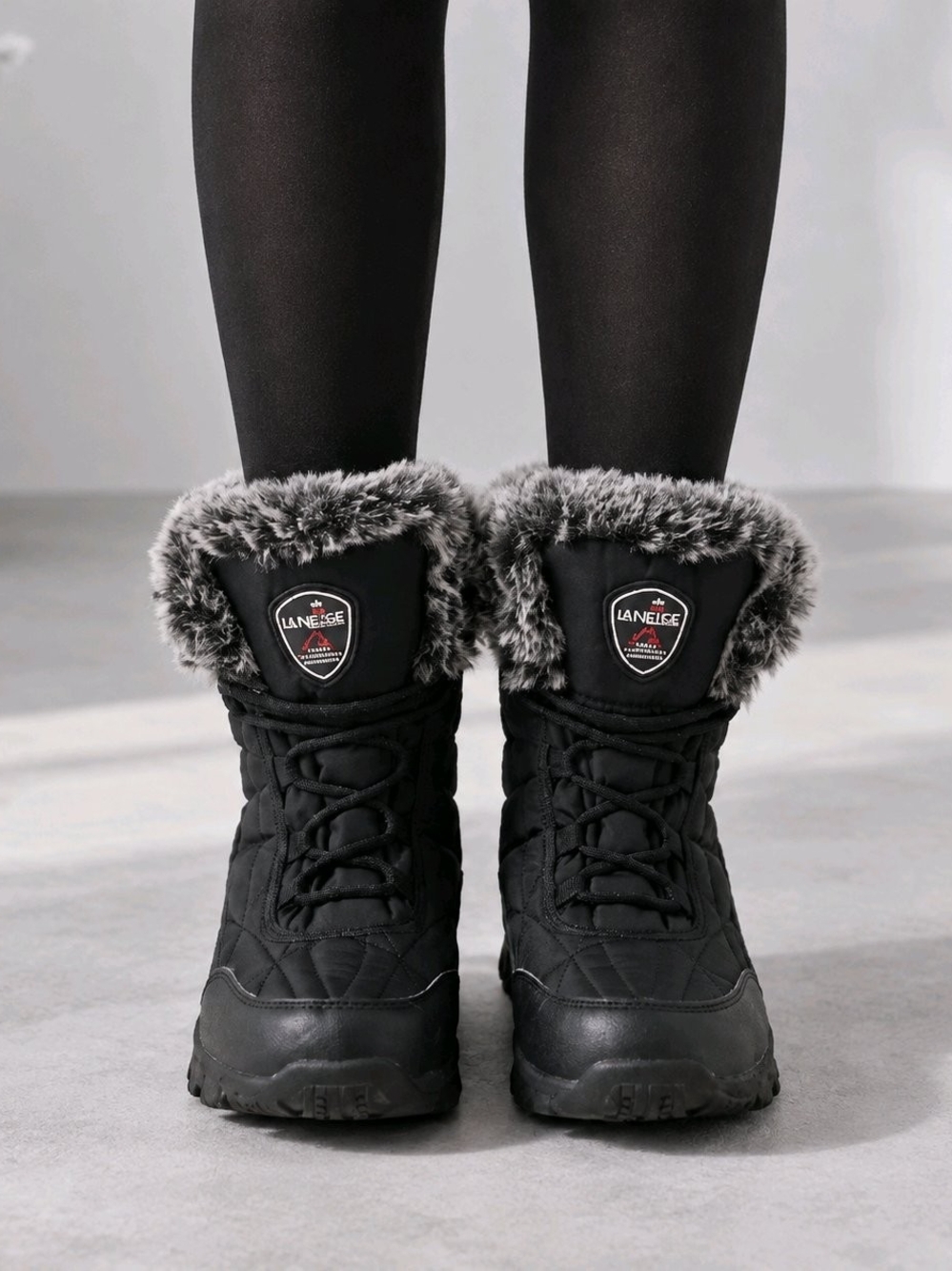 LANEIGE Black Winter Lace-Up Boots with Gray Faux-Fur Cuff